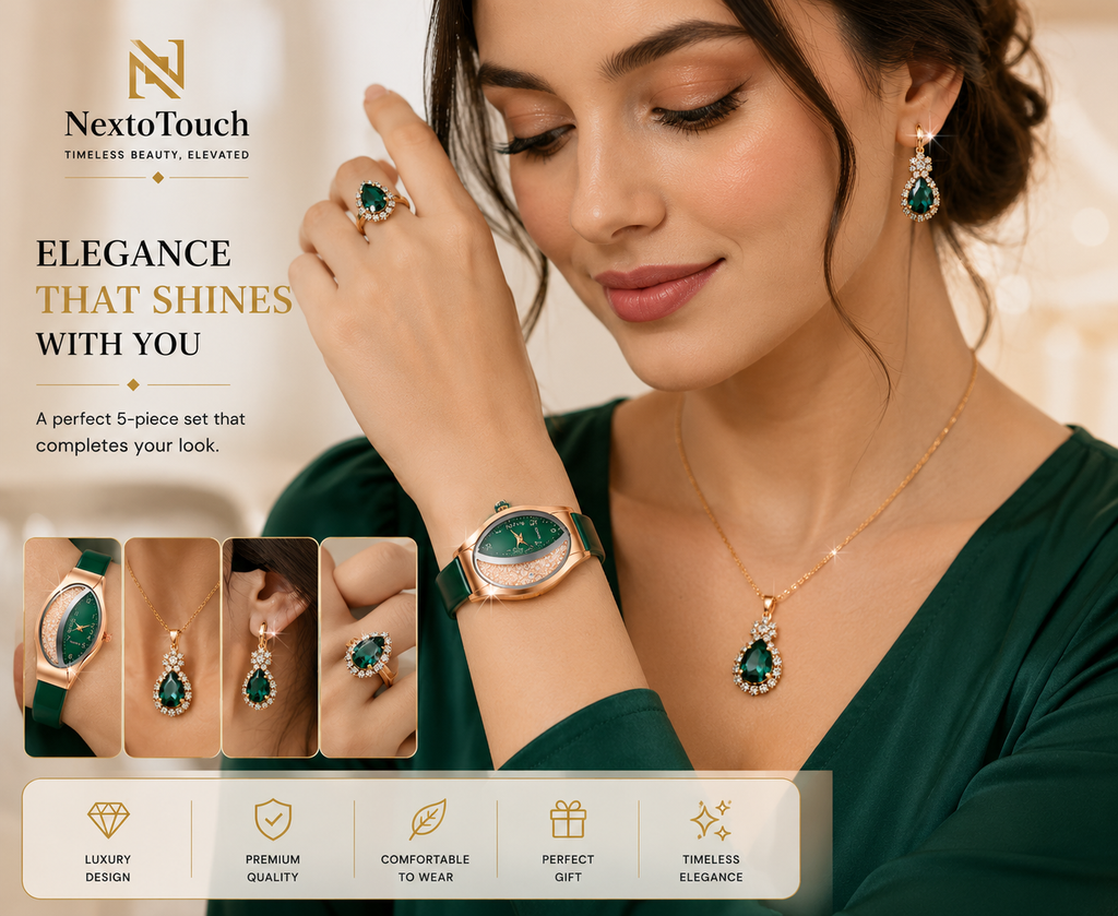 Luxury Green Crystal Watch & Jewelry Gift Set – 5 Pieces