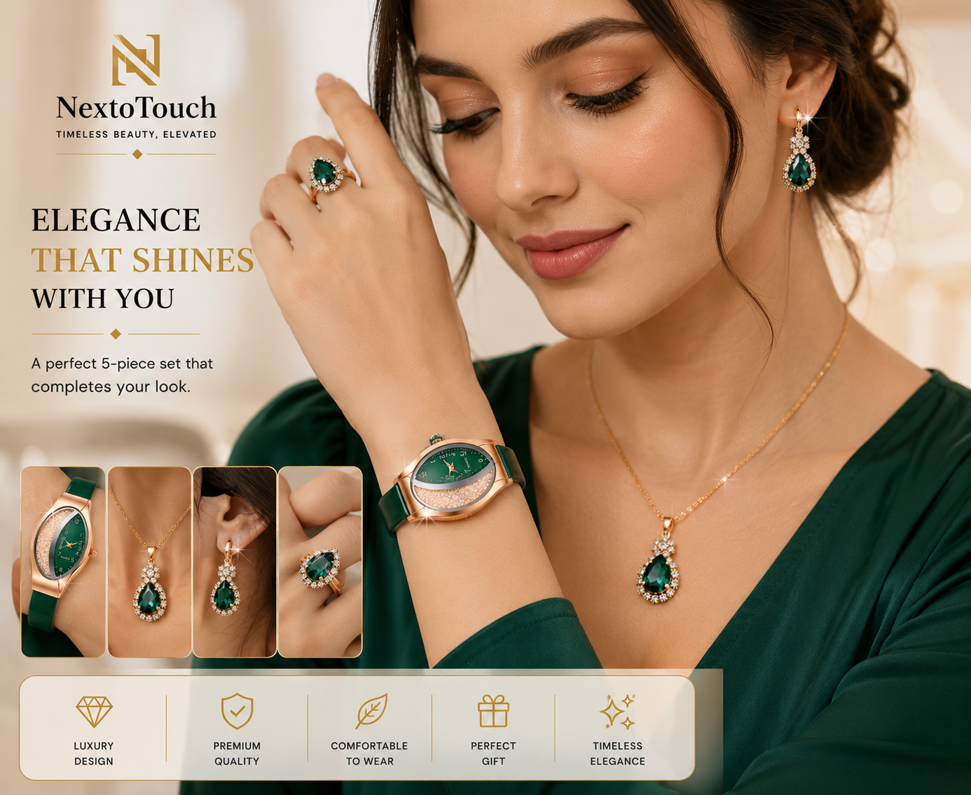 Luxury Green Crystal Watch & Jewelry Gift Set – 5 Pieces