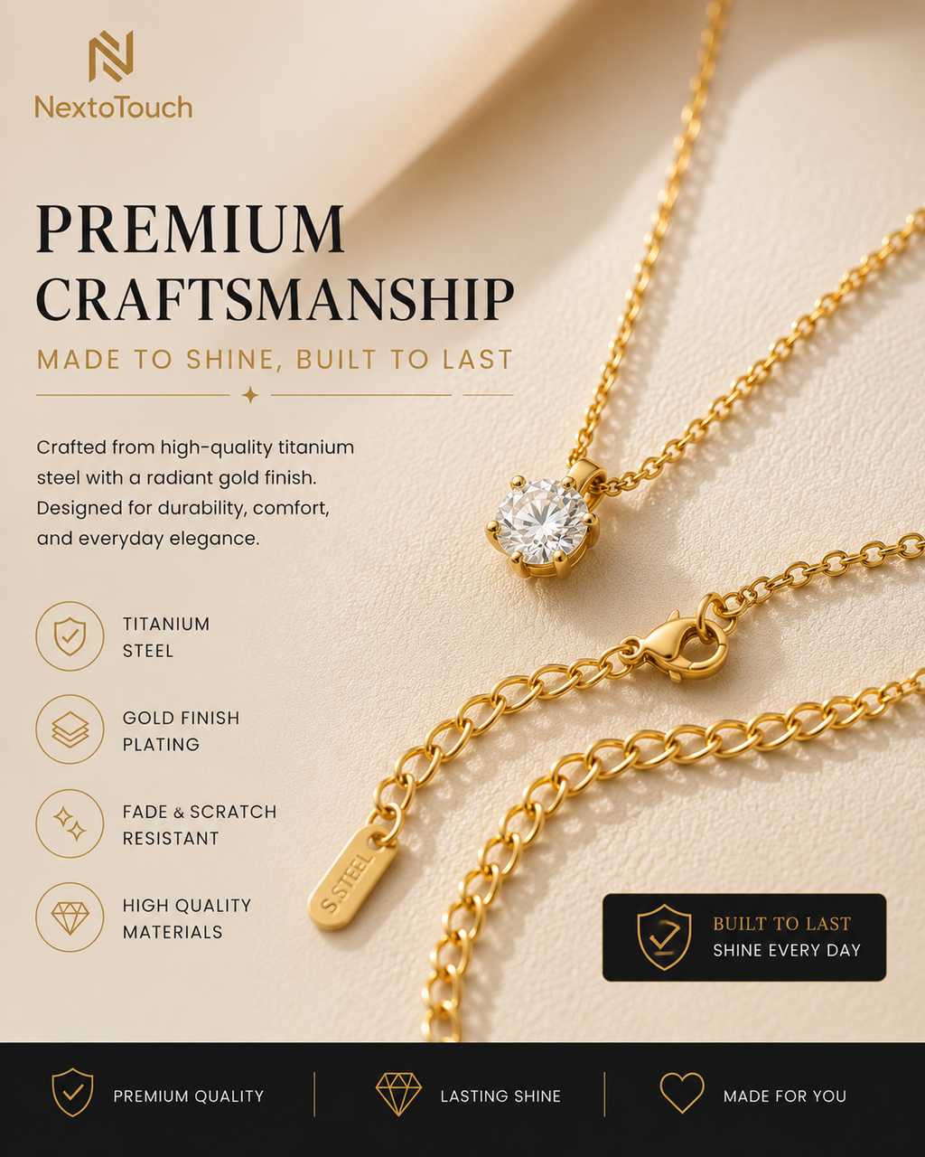 Minimalist Solitaire Crystal Necklace | Gold Titanium Steel