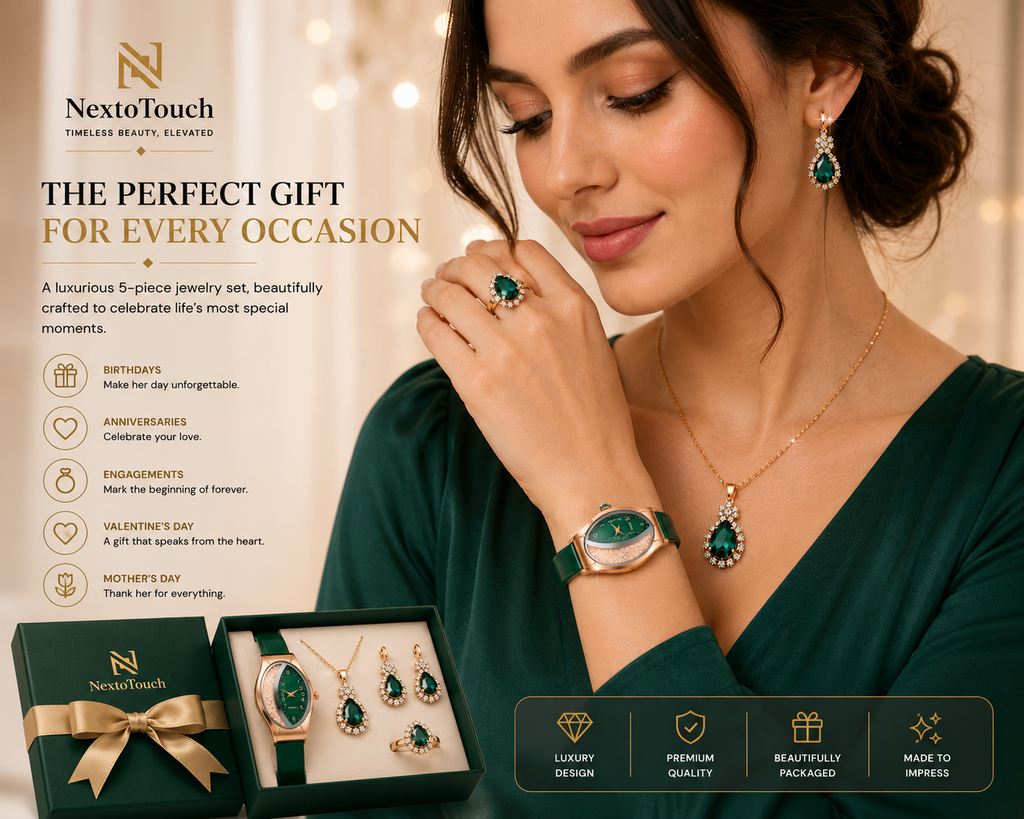 Luxury Green Crystal Watch & Jewelry Gift Set – 5 Pieces