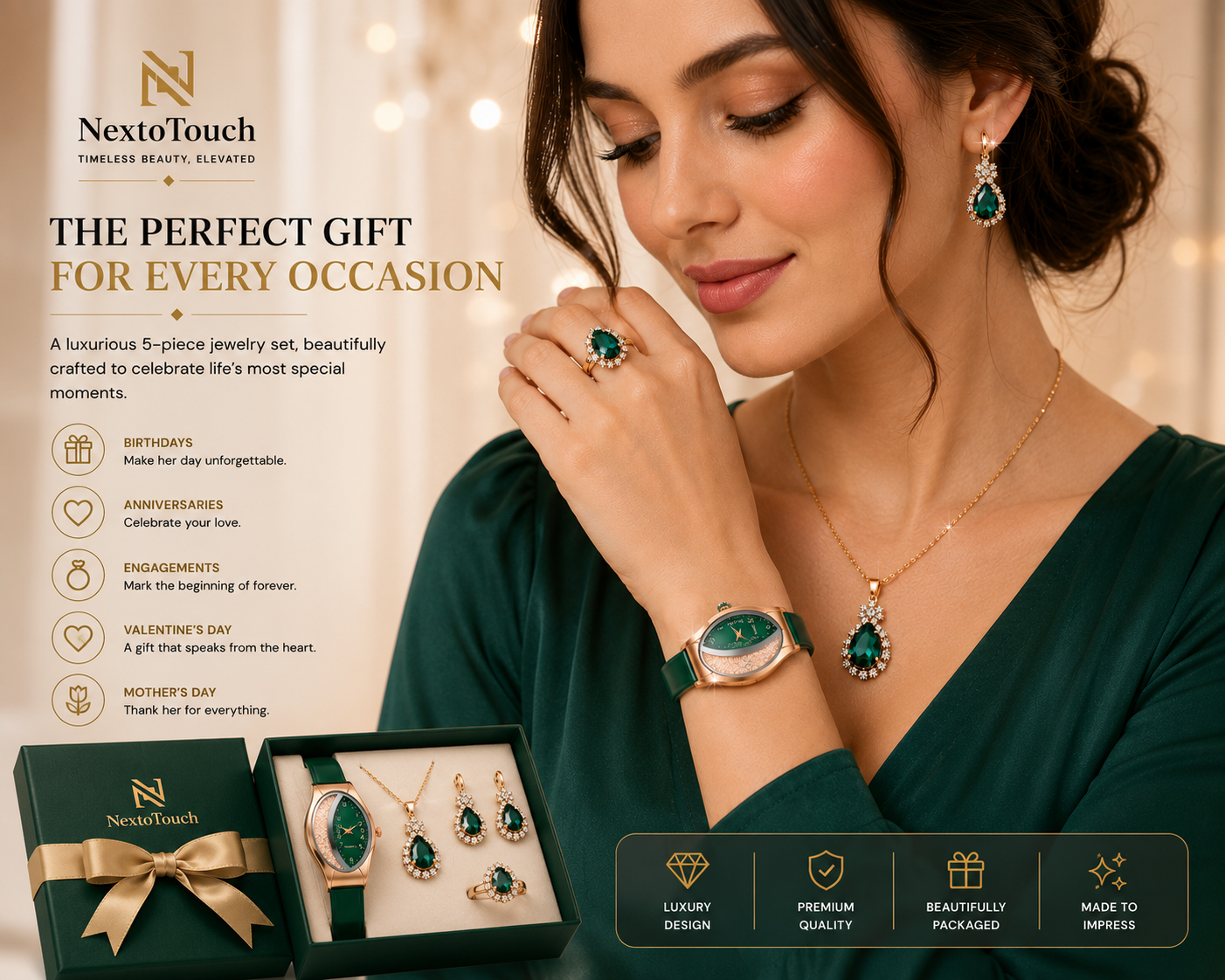 Luxury Green Crystal Watch & Jewelry Gift Set – 5 Pieces