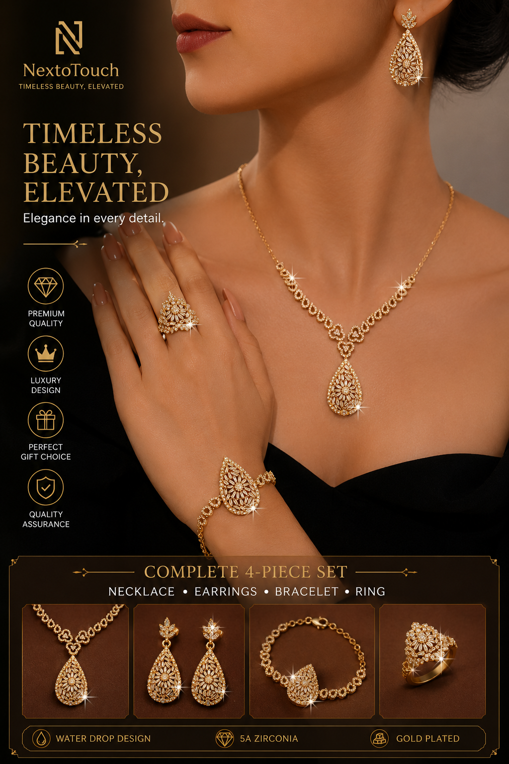 Luxury 5-Piece Water Drop Bridal Jewelry Set – 18K Gold Plated