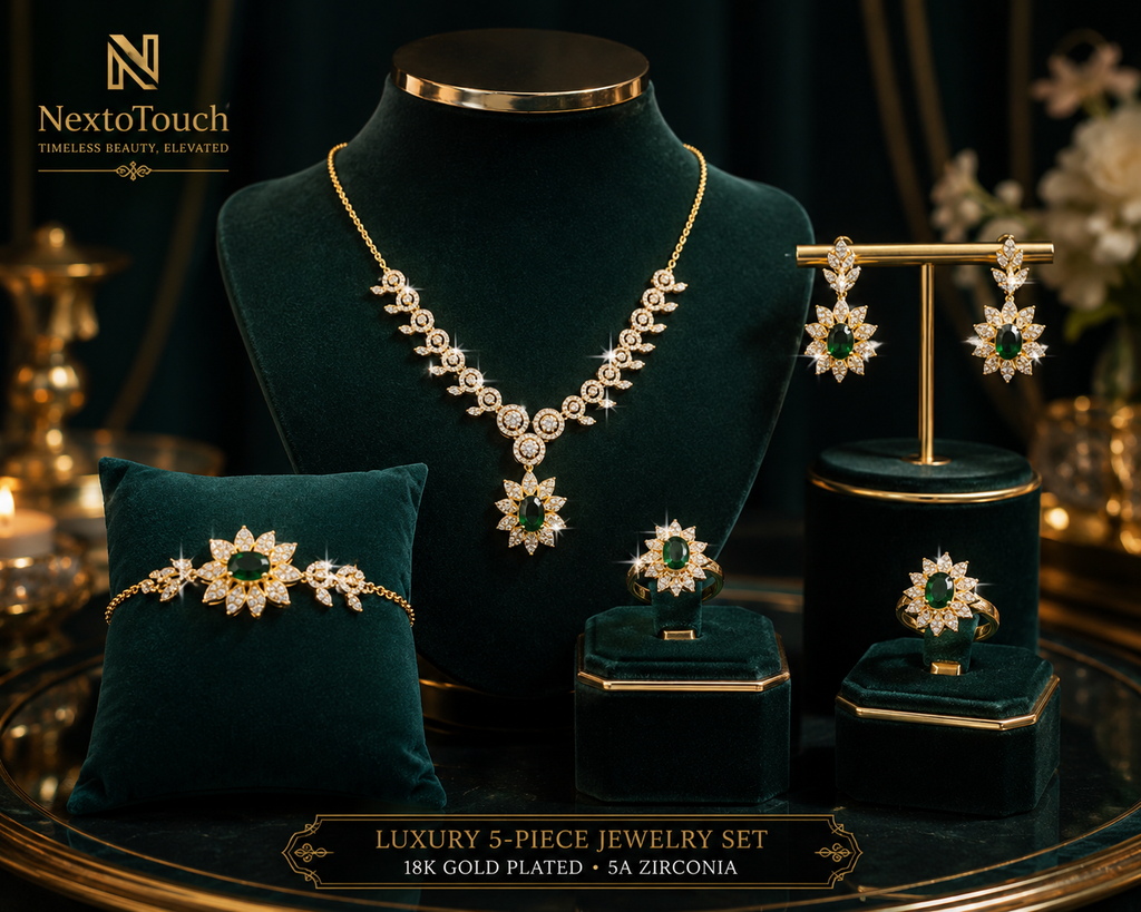 Luxury Emerald Sunflower Jewelry Set – 18K Gold Plated | 5-Piece Bridal Collection