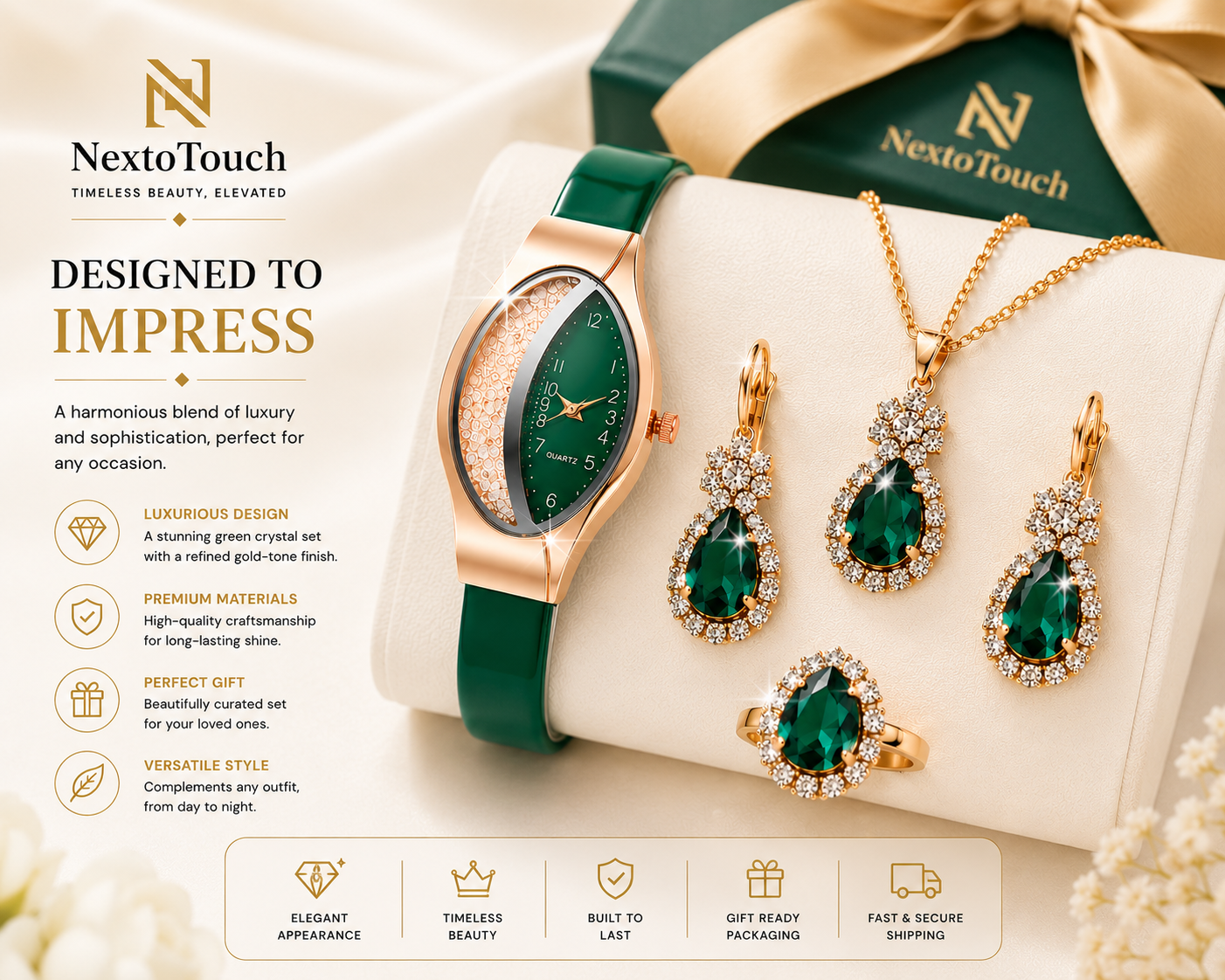 Luxury Green Crystal Watch & Jewelry Gift Set – 5 Pieces