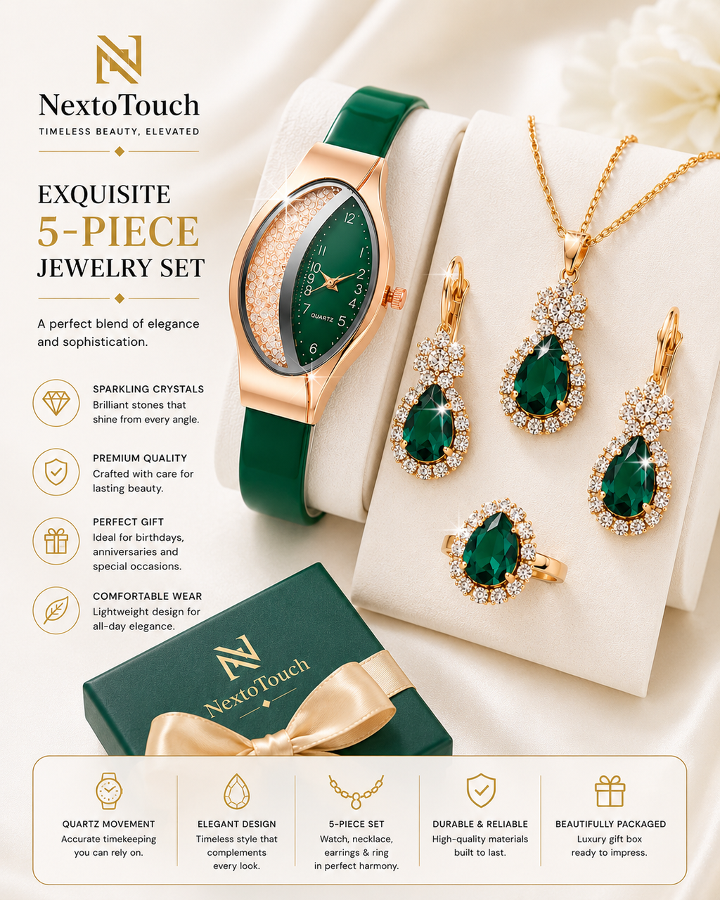 Luxury Green Crystal Watch & Jewelry Gift Set – 5 Pieces