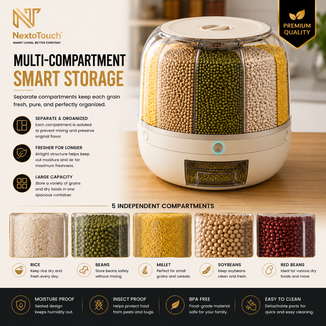 NextoTouch™ Multi-Compartment Airtight Grain Storage Container