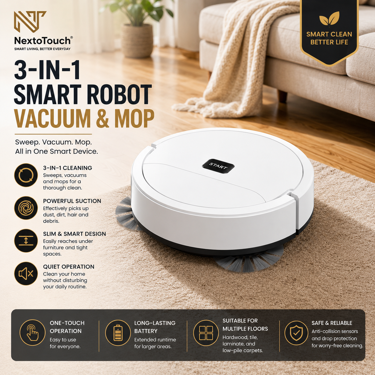 3-in-1 Smart Robot Vacuum & Mop | Automatic Floor Cleaning Robot