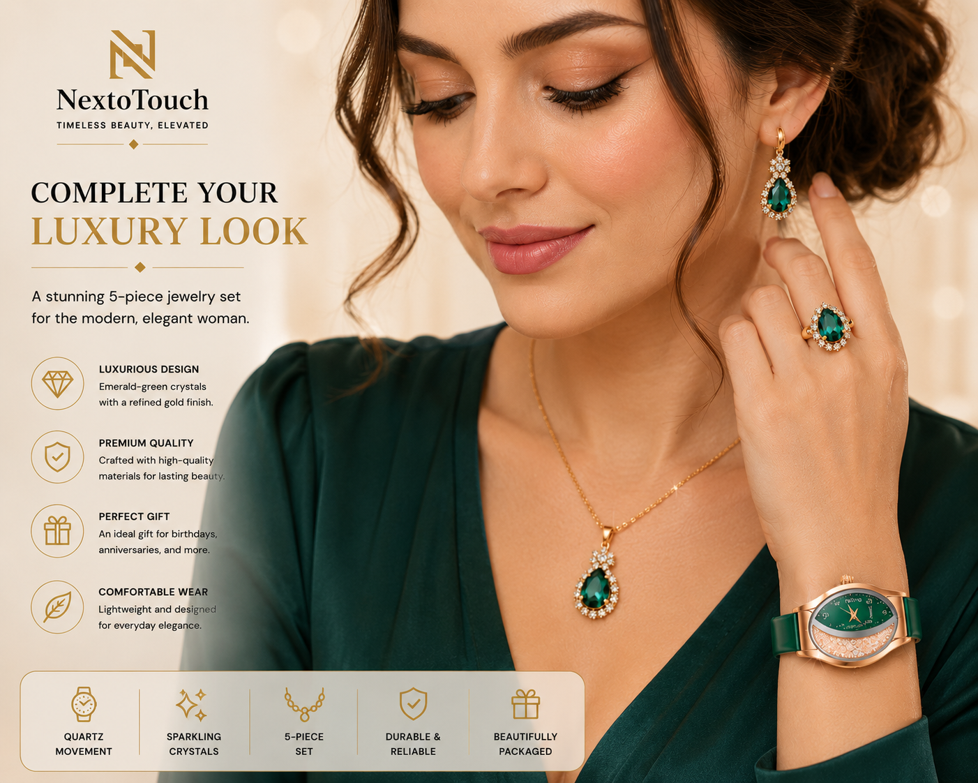 Luxury Green Crystal Watch & Jewelry Gift Set – 5 Pieces