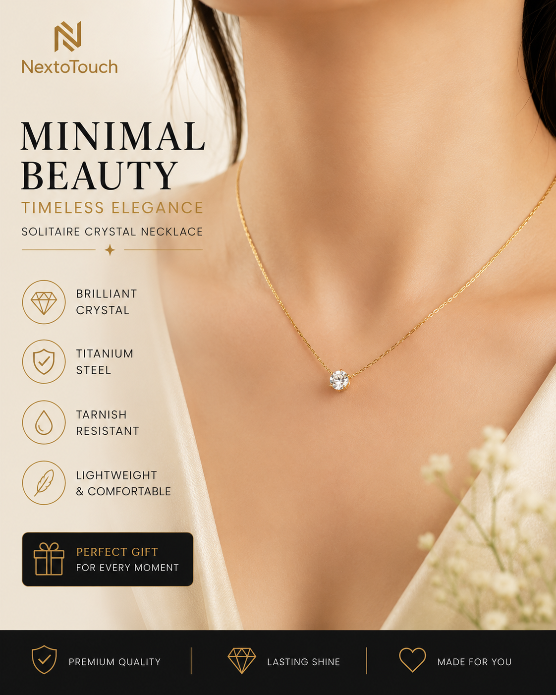 Minimalist Solitaire Crystal Necklace | Gold Titanium Steel