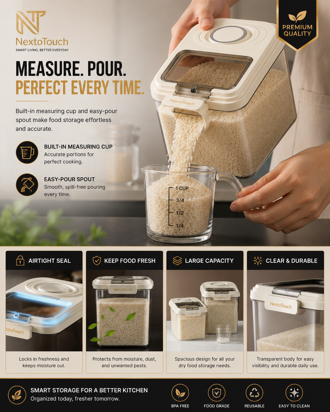 Premium Airtight Rice Storage Container with Measuring Cup & Pour Spout