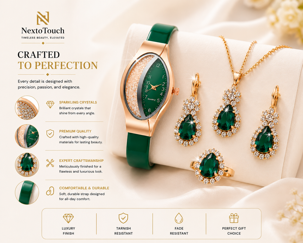 Luxury Green Crystal Watch & Jewelry Gift Set – 5 Pieces