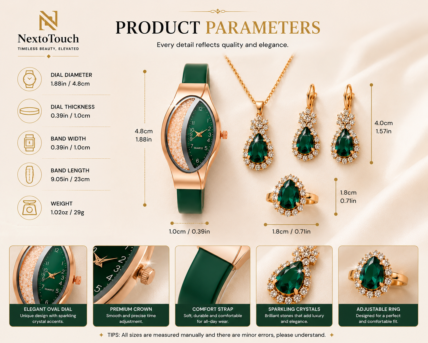 Luxury Green Crystal Watch & Jewelry Gift Set – 5 Pieces