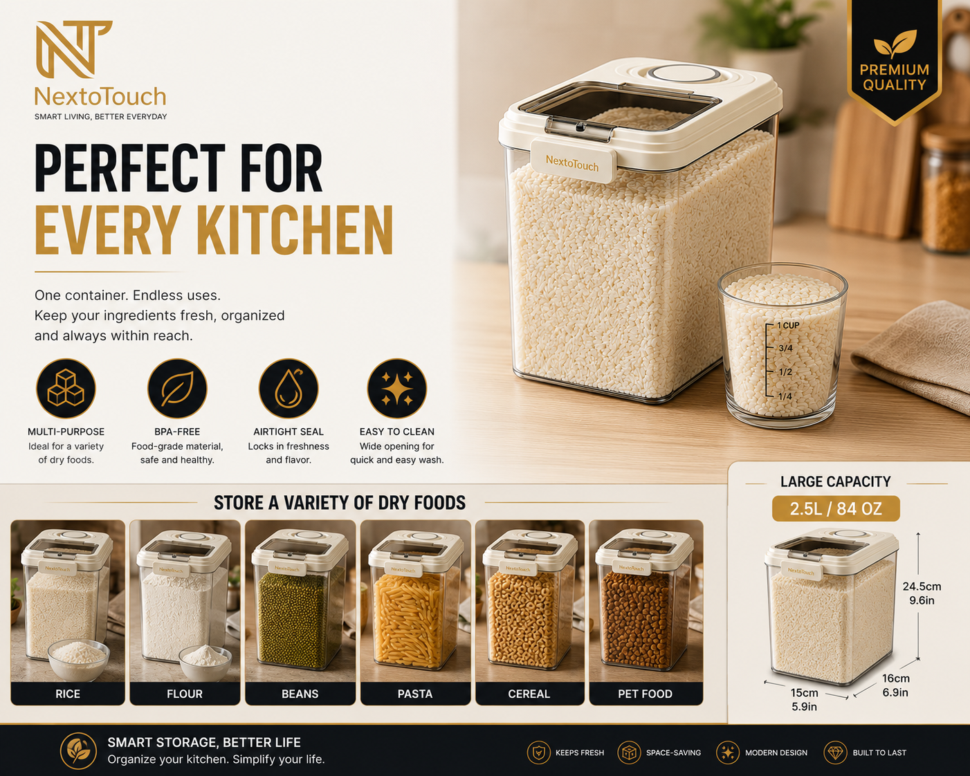 Premium Airtight Rice Storage Container with Measuring Cup & Pour Spout
