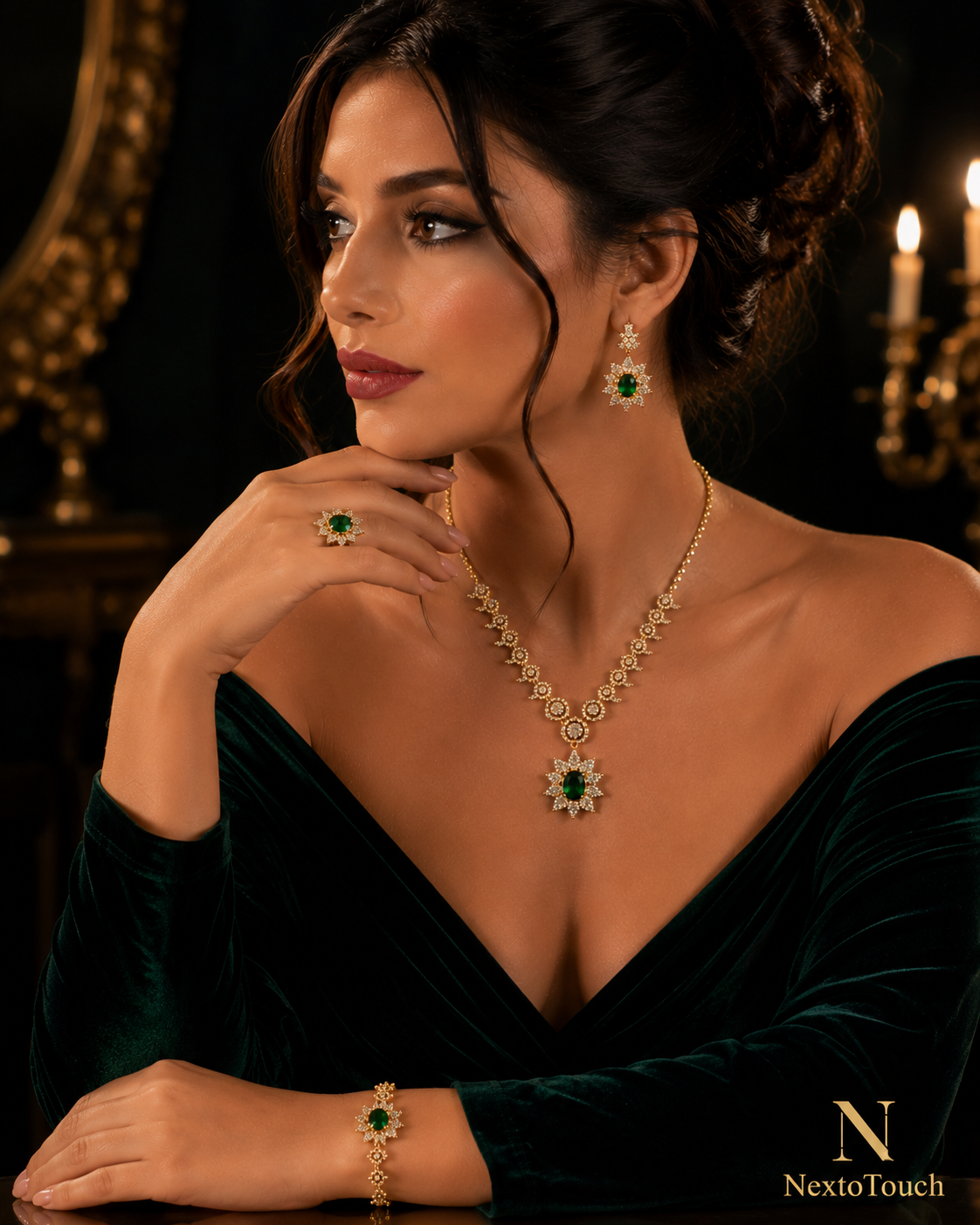 Luxury Emerald Sunflower Jewelry Set – 18K Gold Plated | 5-Piece Bridal Collection