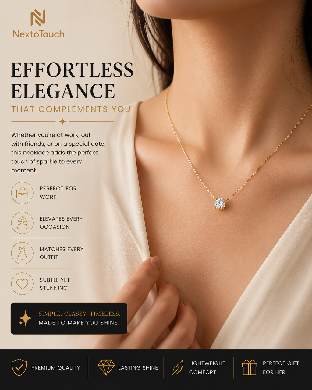 Minimalist Solitaire Crystal Necklace | Gold Titanium Steel