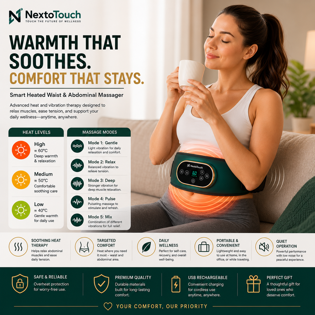 Smart Heated Waist & Abdominal Massager | Heat & Vibration Therapy Belt