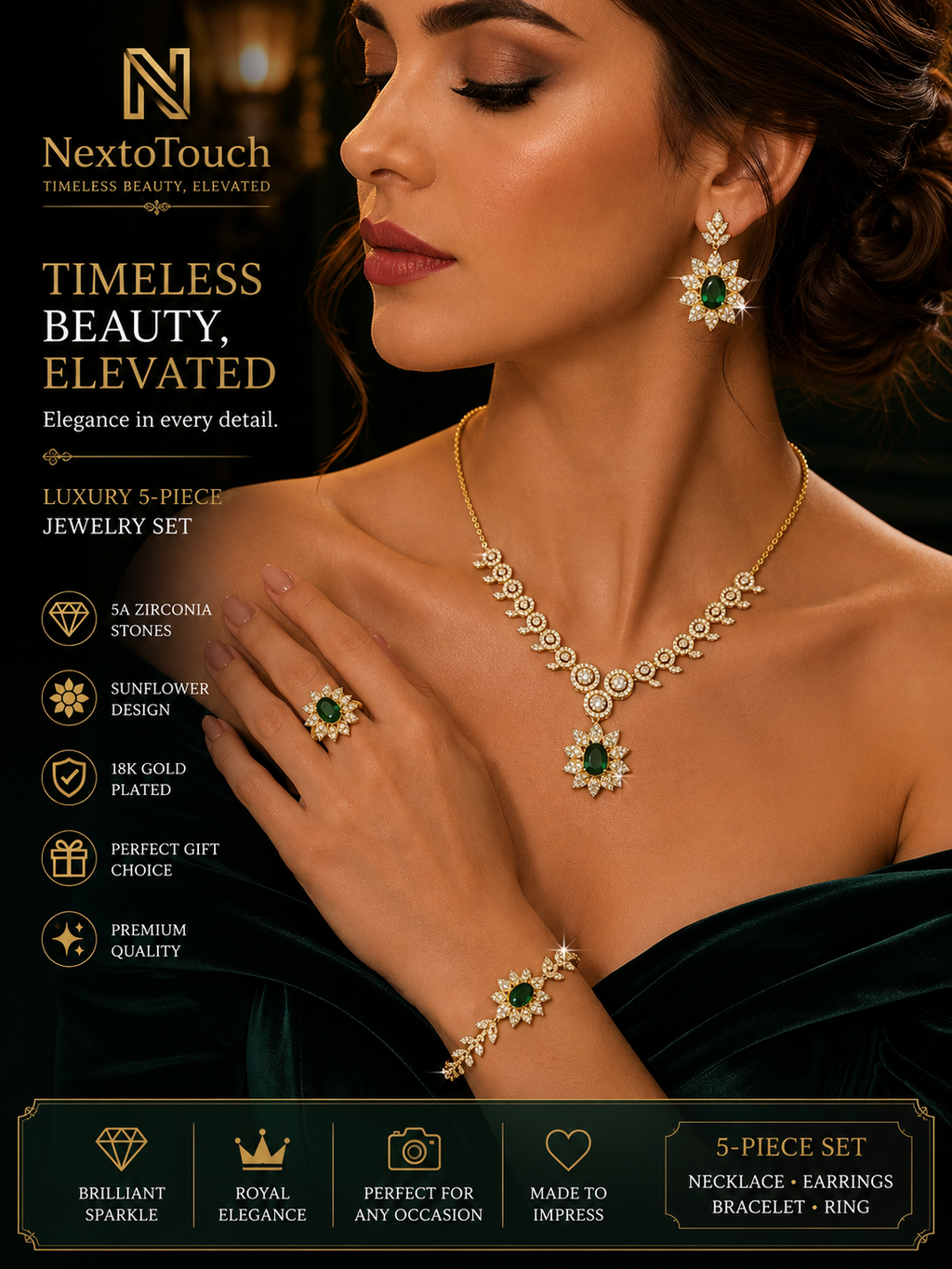 Luxury Emerald Sunflower Jewelry Set – 18K Gold Plated | 5-Piece Bridal Collection