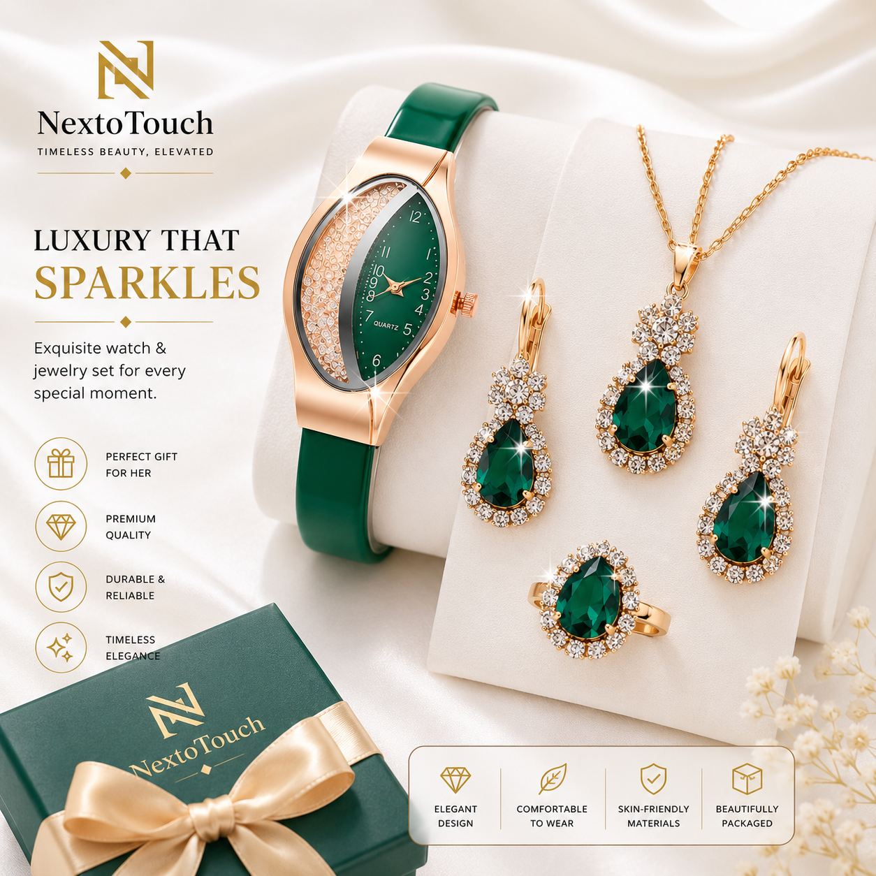 Luxury Green Crystal Watch & Jewelry Gift Set – 5 Pieces