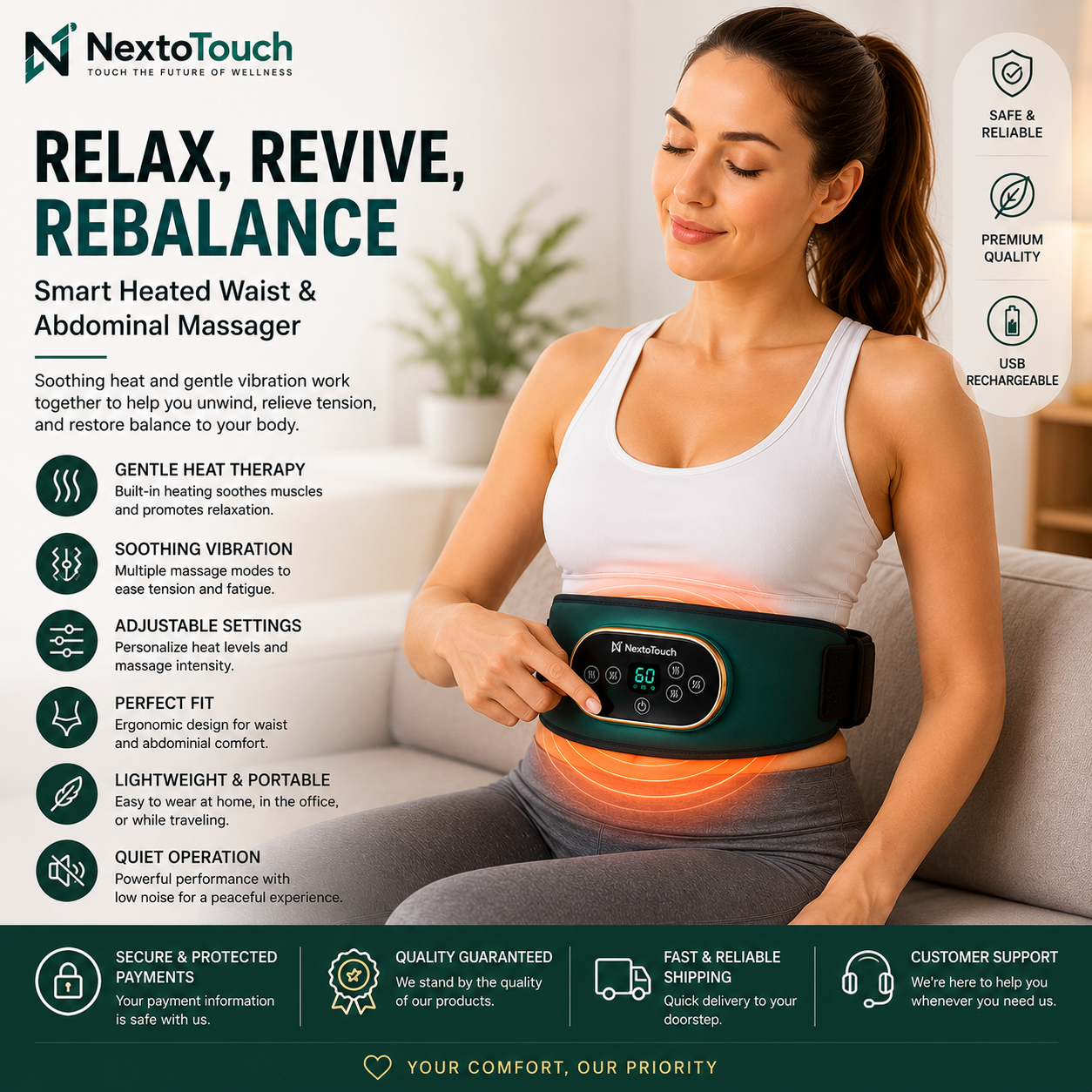 Smart Heated Waist & Abdominal Massager | Heat & Vibration Therapy Belt