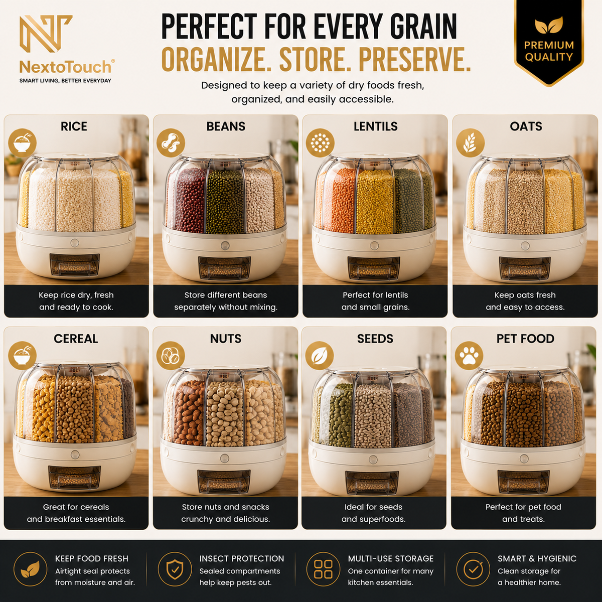 NextoTouch™ Multi-Compartment Airtight Grain Storage Container