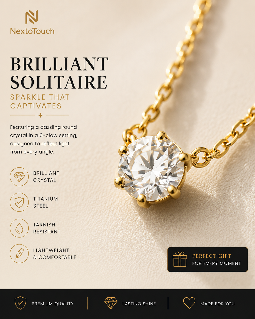 Minimalist Solitaire Crystal Necklace | Gold Titanium Steel
