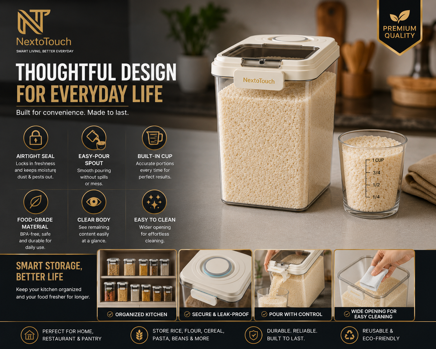 Premium Airtight Rice Storage Container with Measuring Cup & Pour Spout