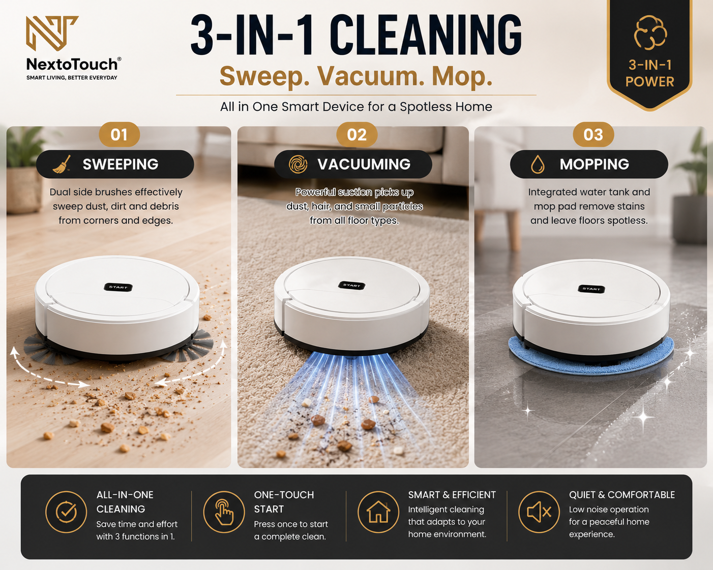 3-in-1 Smart Robot Vacuum & Mop | Automatic Floor Cleaning Robot