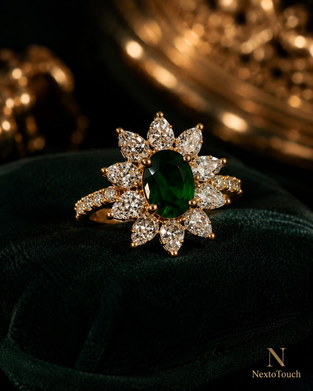 Luxury Emerald Sunflower Jewelry Set – 18K Gold Plated | 5-Piece Bridal Collection