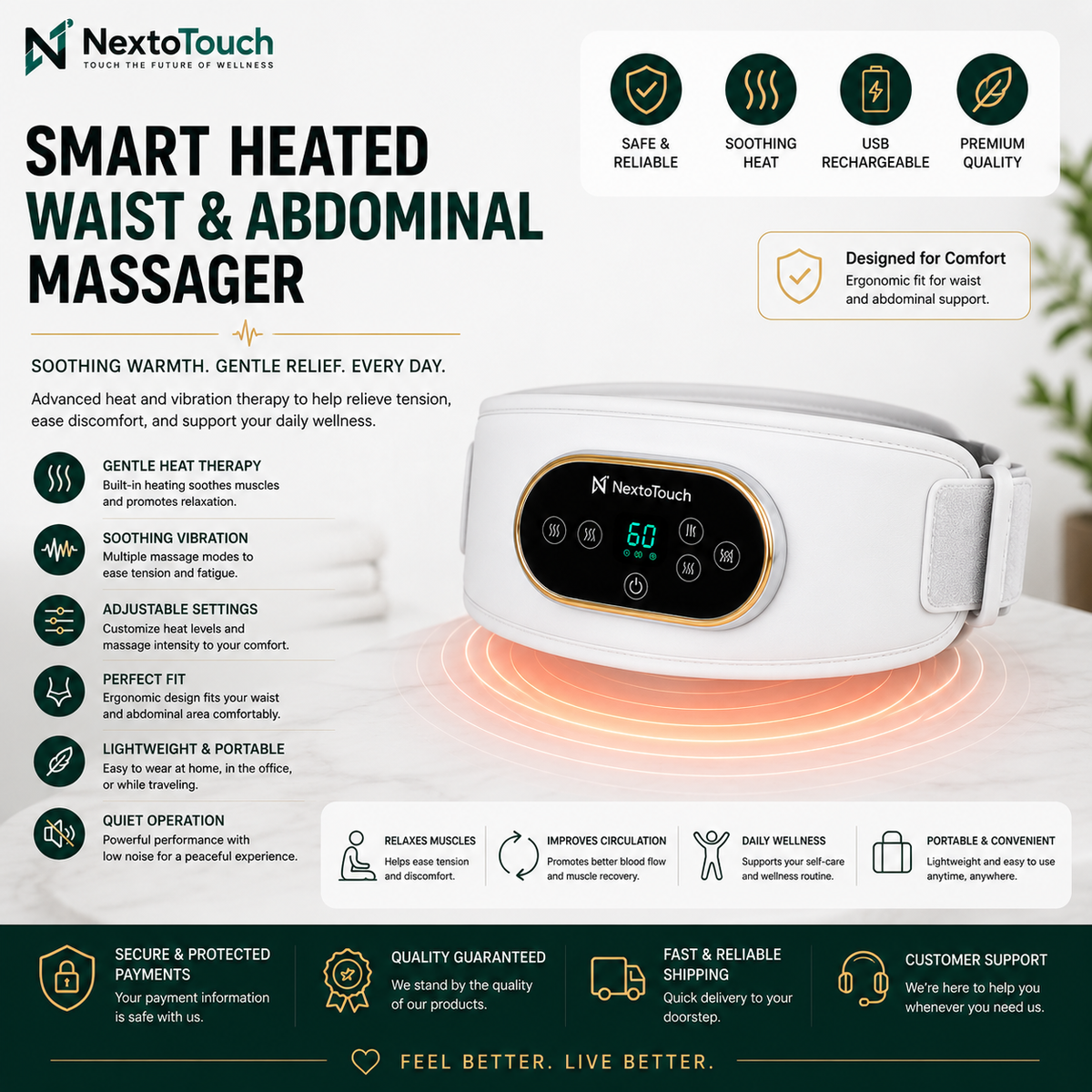 Smart Heated Waist & Abdominal Massager | Heat & Vibration Therapy Belt