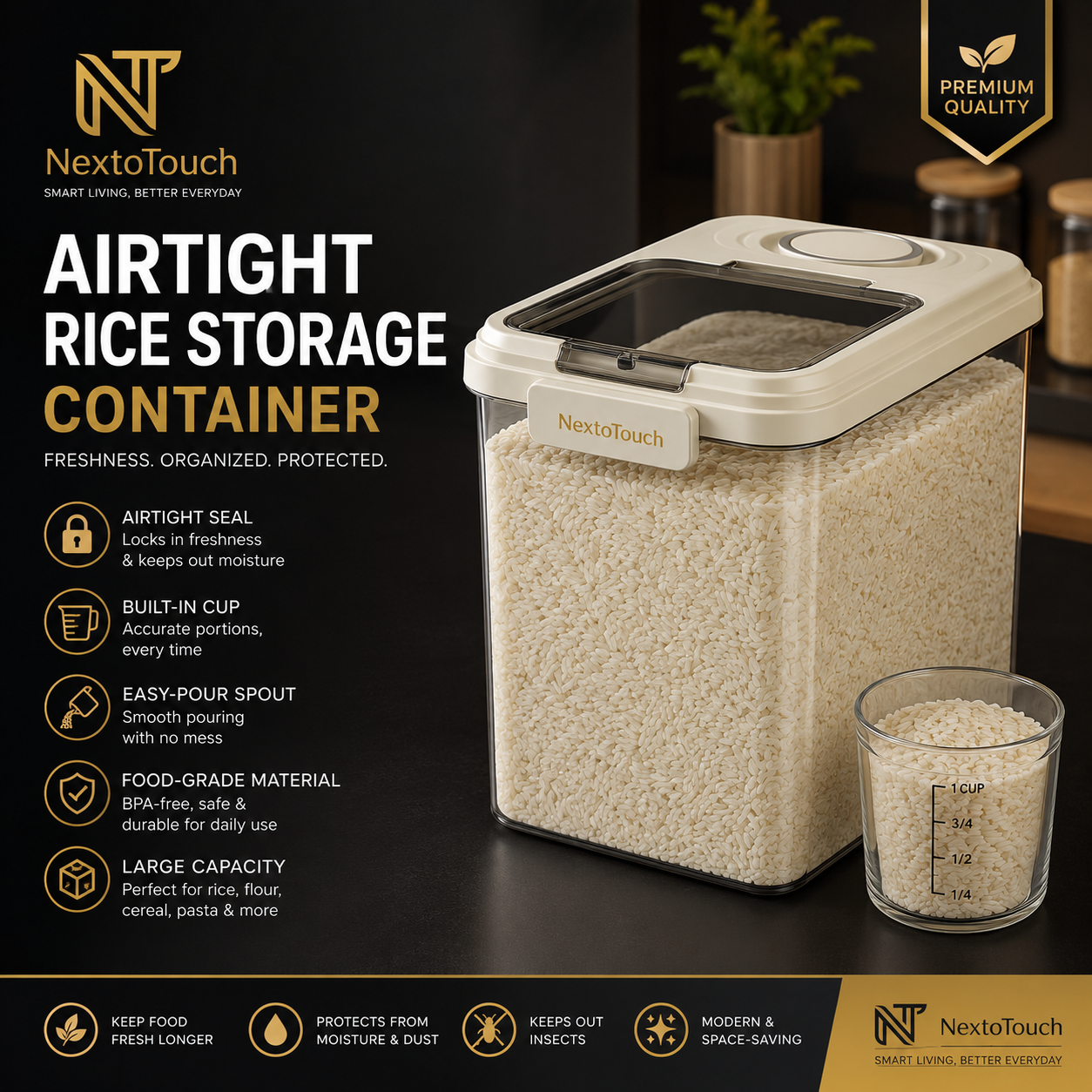 Premium Airtight Rice Storage Container with Measuring Cup & Pour Spout