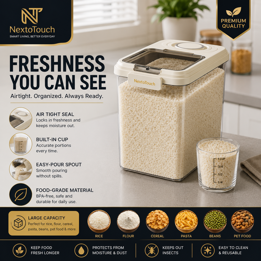 Premium Airtight Rice Storage Container with Measuring Cup & Pour Spout
