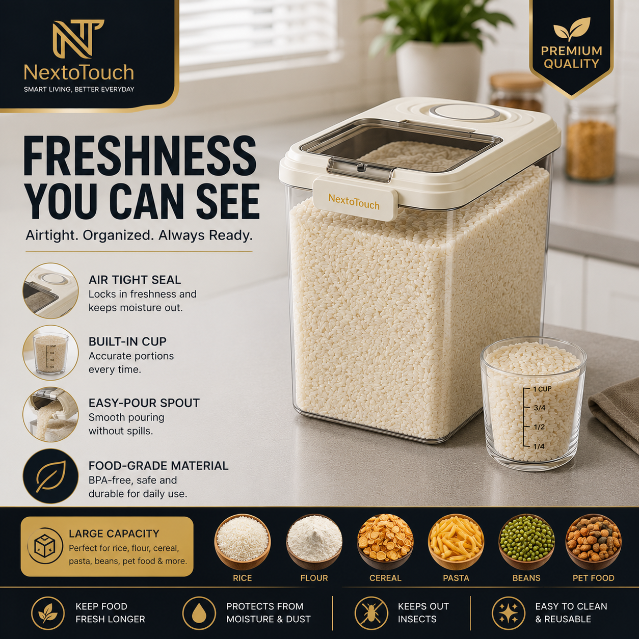 Premium Airtight Rice Storage Container with Measuring Cup & Pour Spout