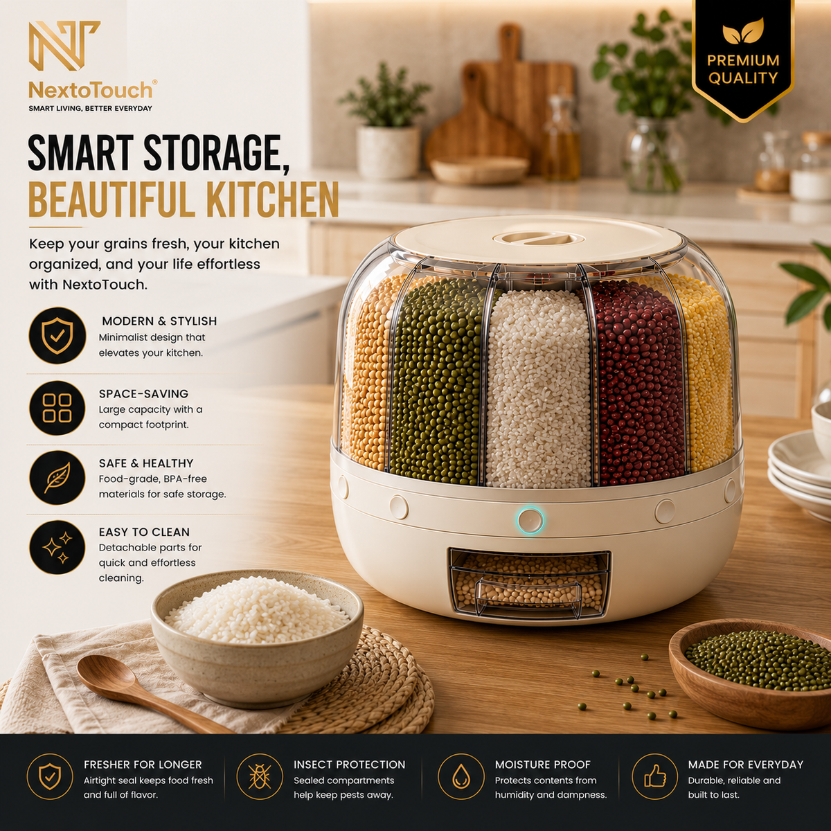 NextoTouch™ Multi-Compartment Airtight Grain Storage Container