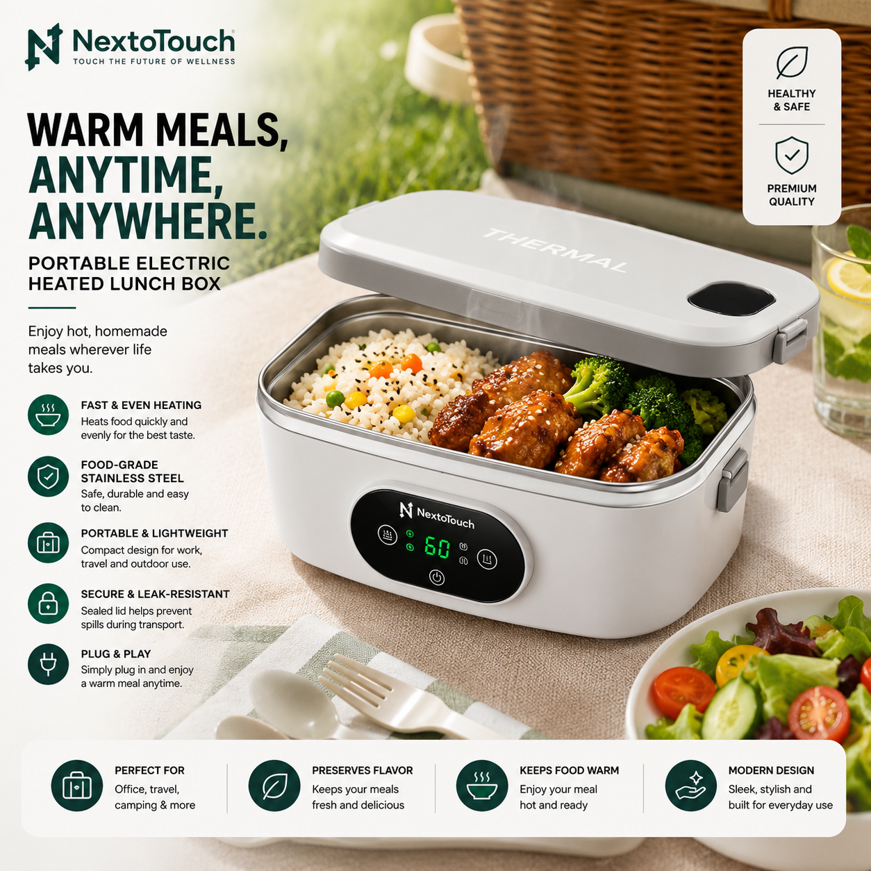 Portable Electric Heated Lunch Box | Stainless Steel Food Warmer