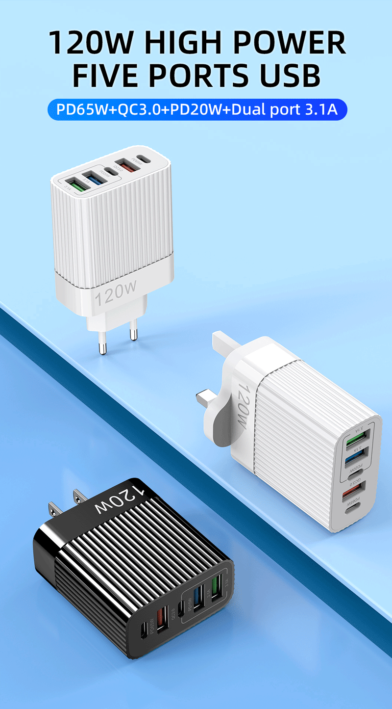 120W Multi-Port Fast Charger | 5-Port USB & USB-C PD Wall Charger (EU Plug)