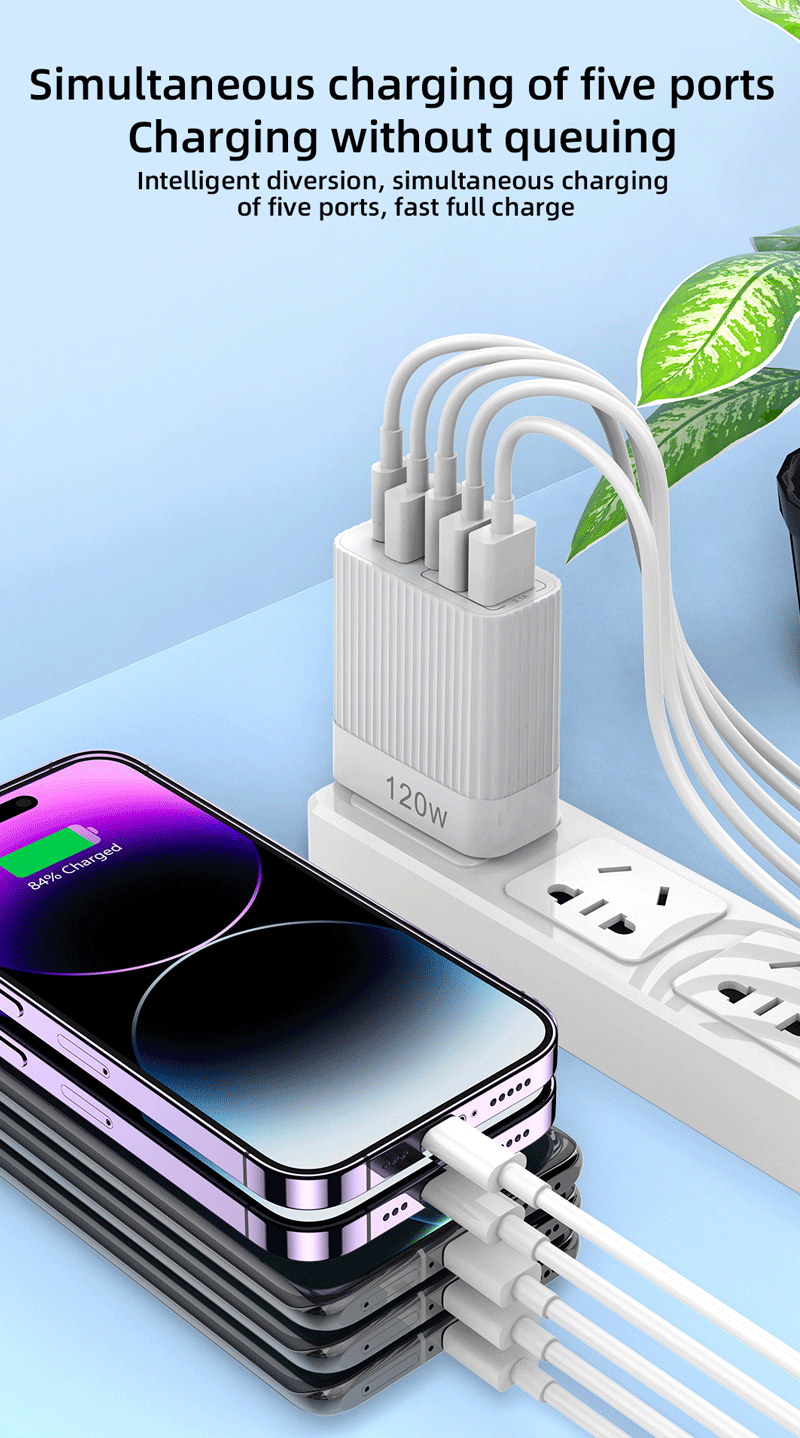 120W Multi-Port Fast Charger | 5-Port USB & USB-C PD Wall Charger (EU Plug)