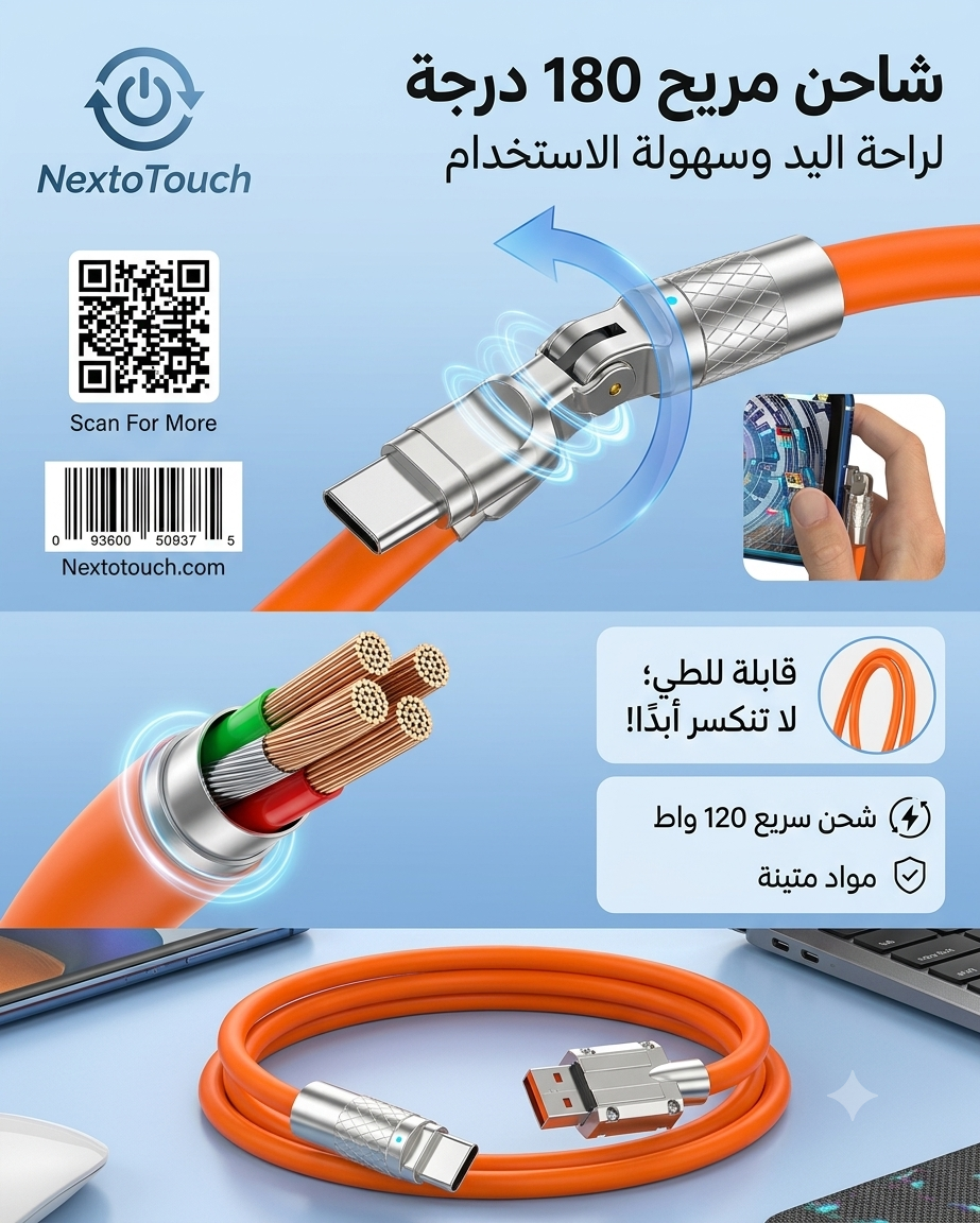 NextoTouch 120W Super Fast Charging Cable - 180° Rotating Design for Maximum Comfort.