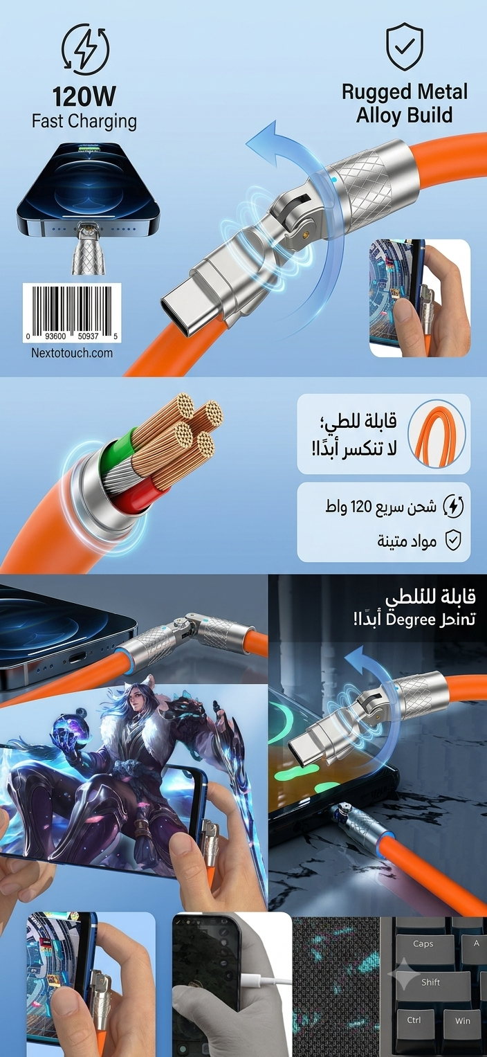 NextoTouch 120W Super Fast Charging Cable - 180° Rotating Design for Maximum Comfort.
